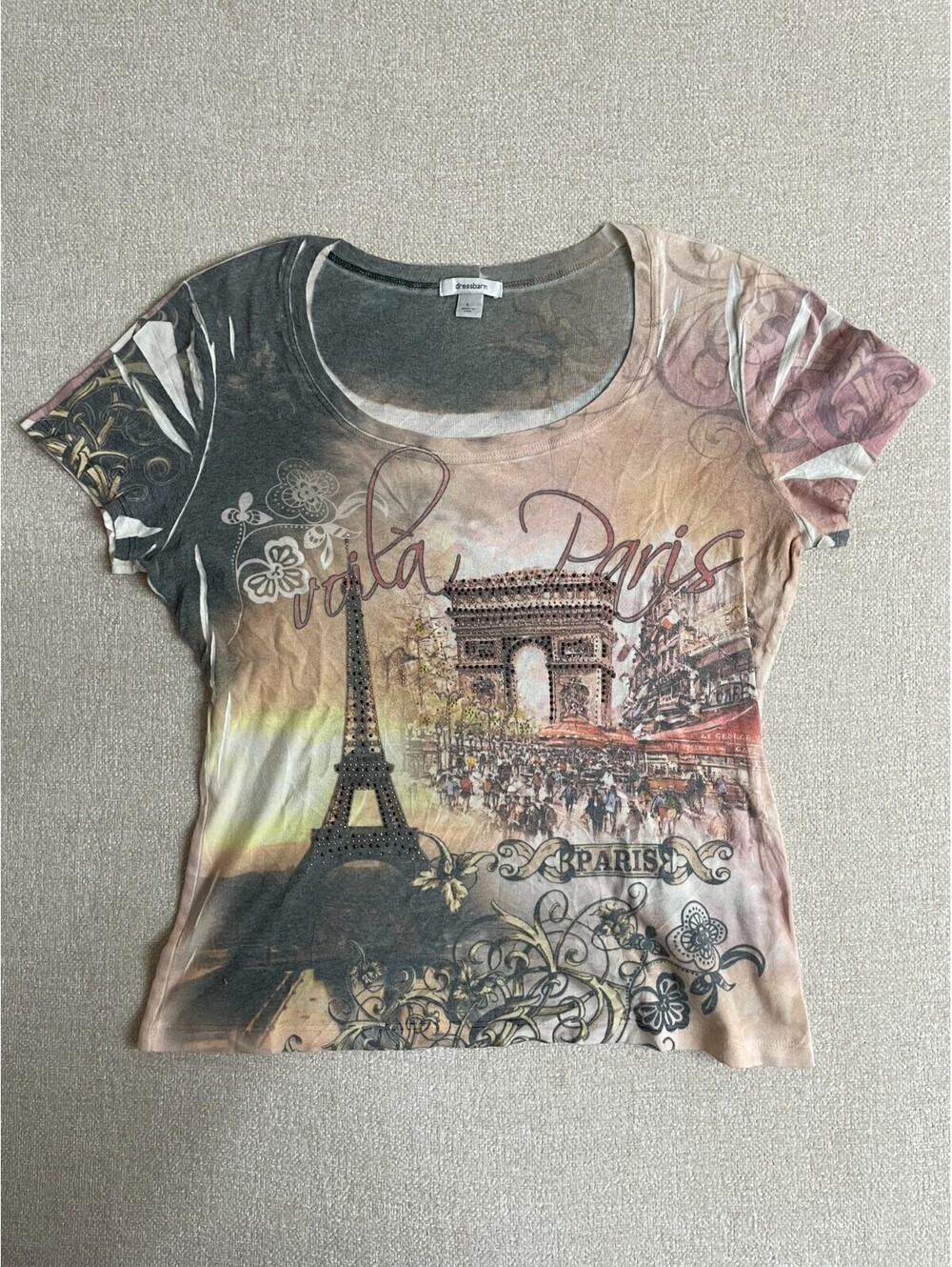 Dressbarn Womens Paris Eiffel Tower Graphic T-Shirt Rhinestone Accent Size L